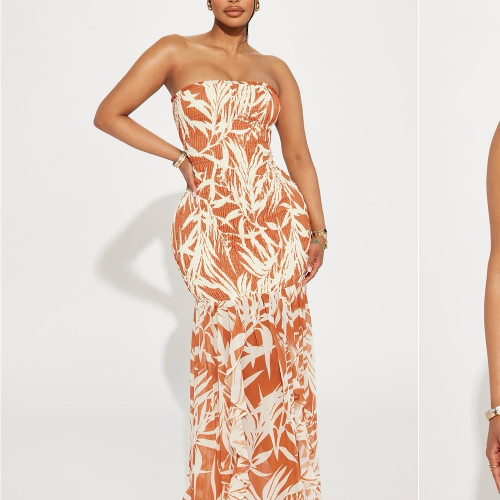 Strapless Orange and White Maxi Dress